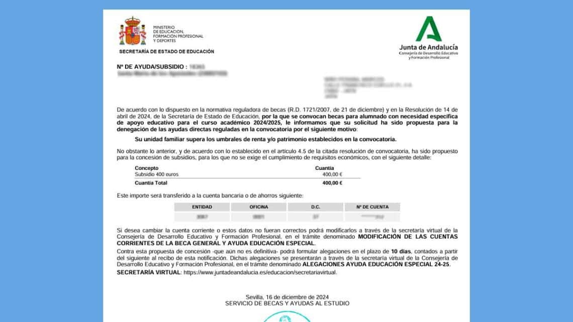 La Junta de Andalucía abre el plazo de alegaciones online de las Becas NEAE para el curso académico 2024/2025.