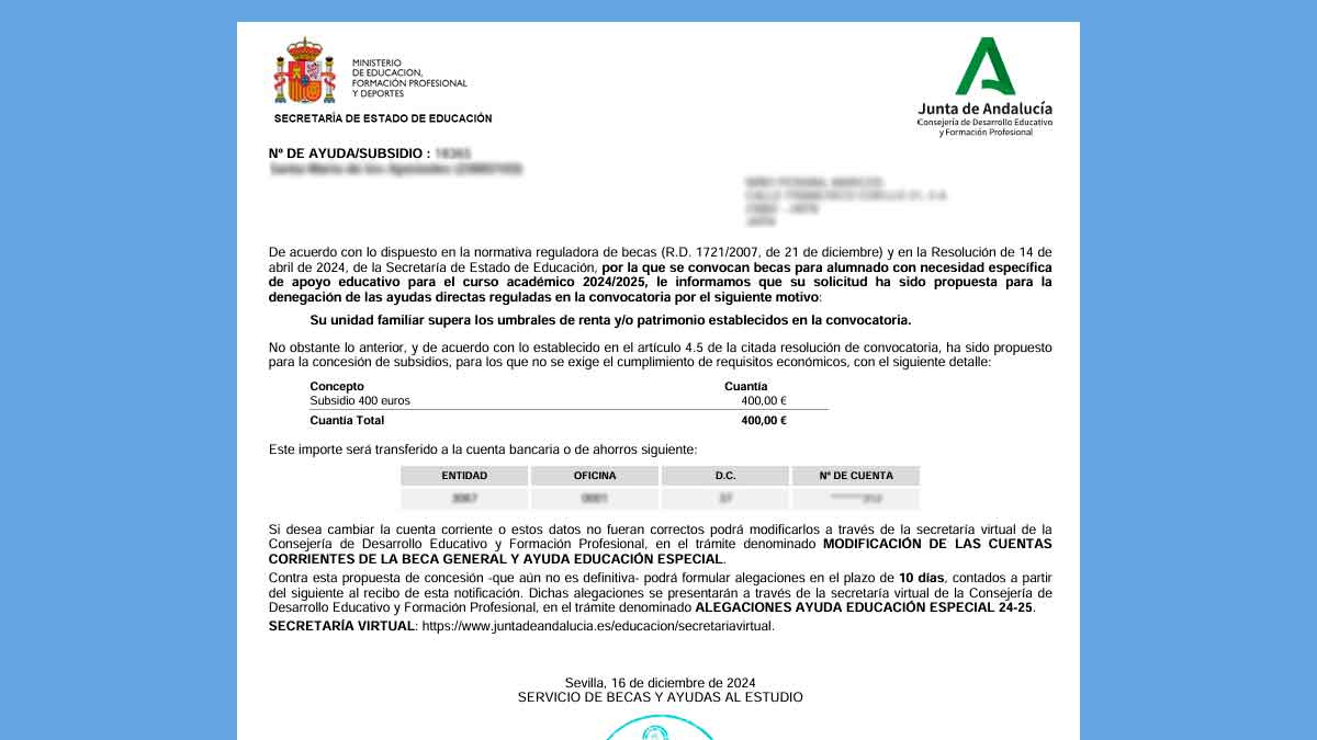 La Junta de Andalucía abre el plazo de alegaciones online de las Becas NEAE para el curso académico 2024/2025.
