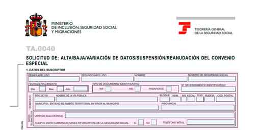 Formulario TA-0040 de la Seguridad Social para suscribir un convenio especial y cotizar sin trabajar en 2025.