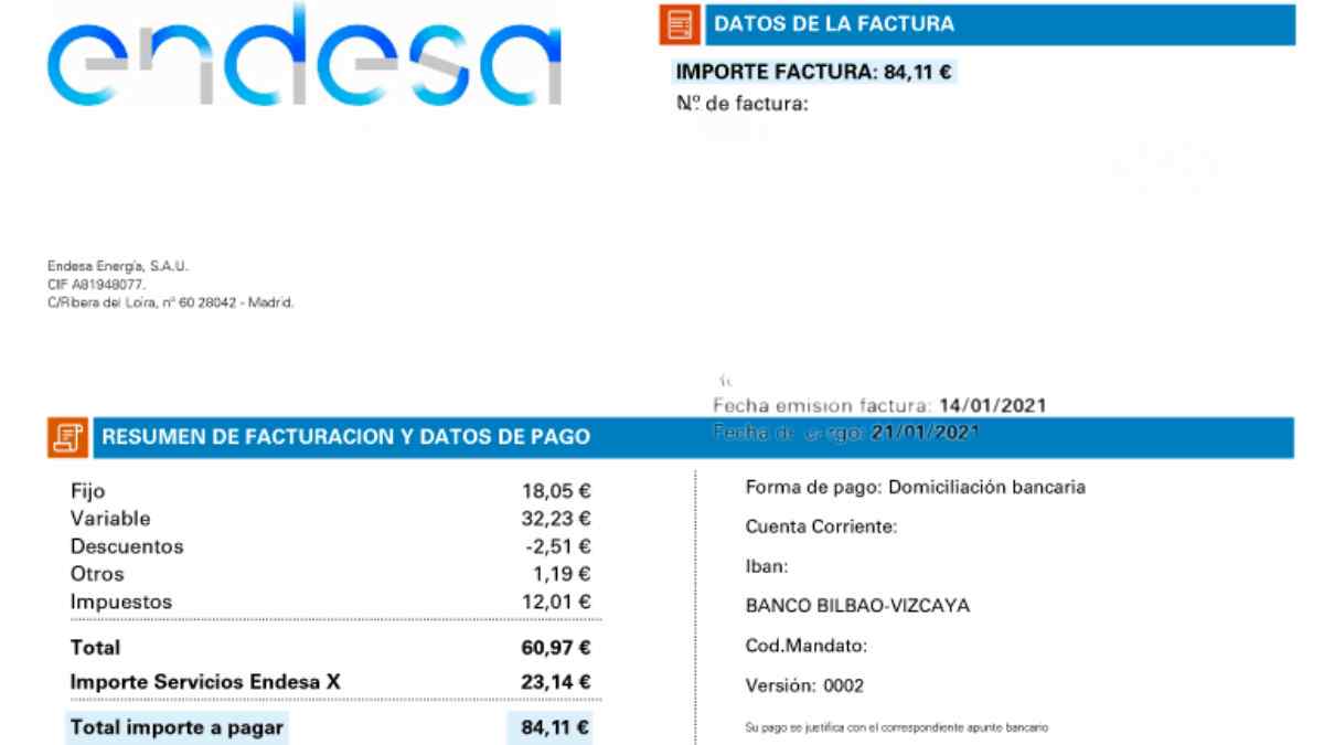 Factura de Endesa con error en la regularización de consumo de gas en enero 2025