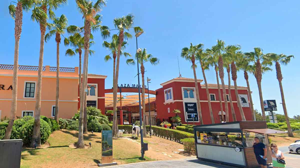 Plaza Mayor Shopping Málaga - Centro comercial con palmeras y locales comerciales.