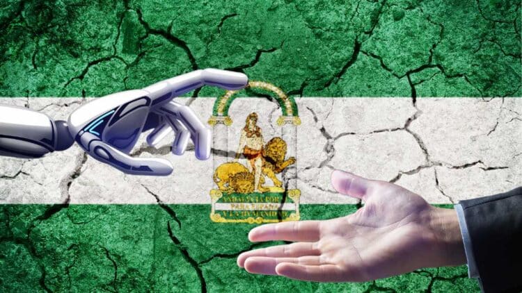 Bandera de Andalucía con una mano robótica y otra humana, representando la apuesta de la región por la formación en Inteligencia Artificial y la generación de empleo.