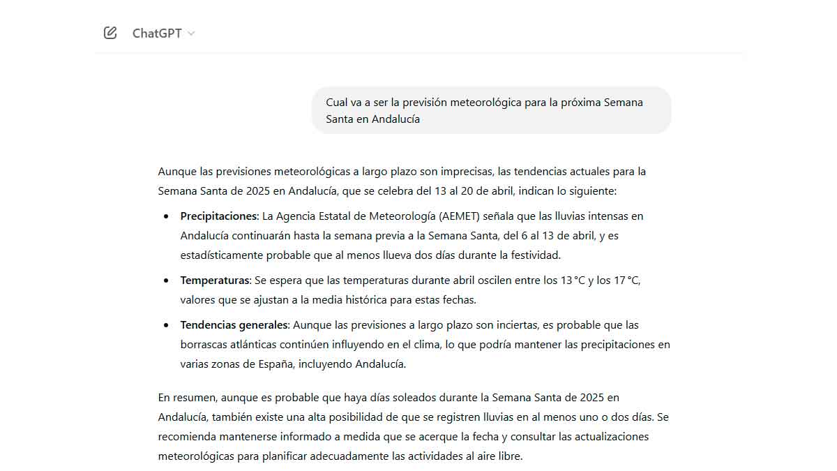 Previsión meteorológica en Andalucía para Semana Santa 2025 según ChatGTP