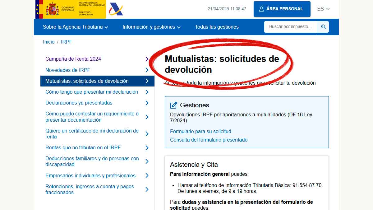 Pantalla de la Agencia Tributaria con la opción “Mutualistas: solicitudes de devolución” para pedir la devolución del IRPF online