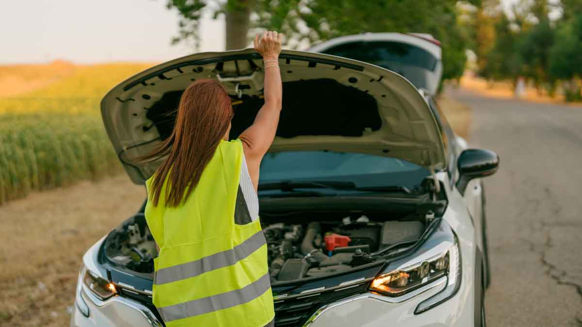 Mujer con chaleco reflectante levanta el capó de su coche averiado en carretera tras un fallo de la caja de cambios