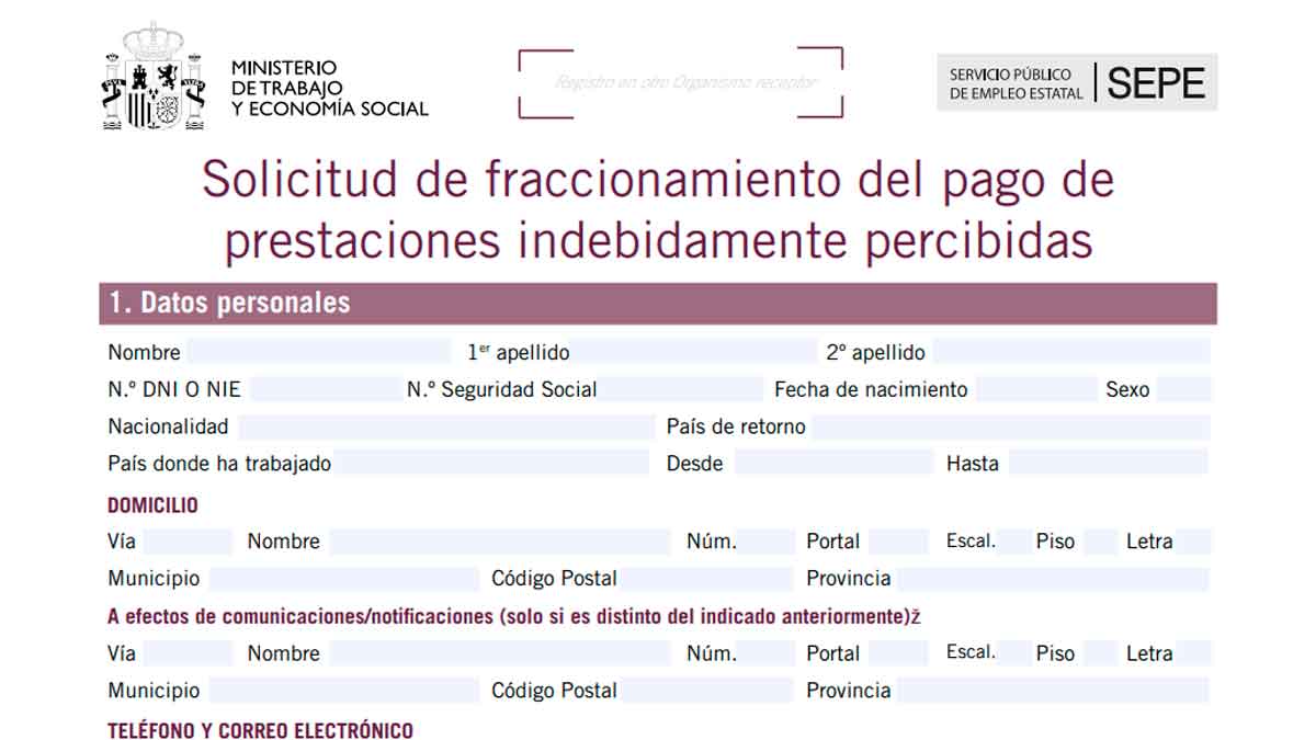 Formulario oficial del SEPE para solicitar el fraccionamiento de la devolución de prestaciones cobradas indebidamente