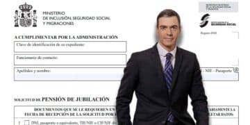 Formulario de la pensión de jubilación de la Seguridad activa y parcial y una imagen de Pedro Sánchez