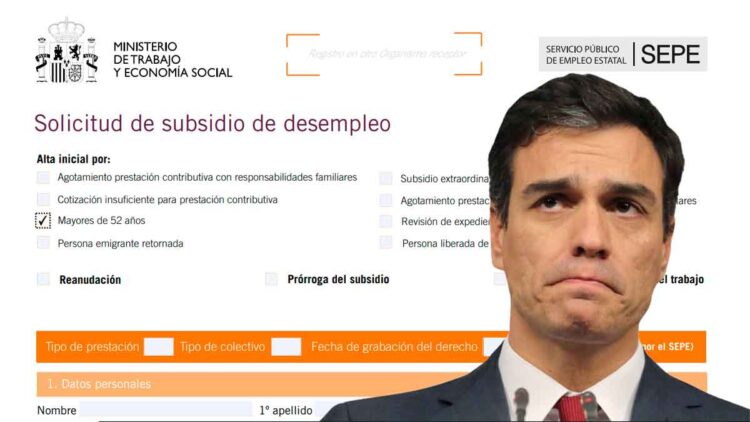 Formulario del SEPE sobre subsidio para mayores de 52 años con primer plano de Pedro Sánchez