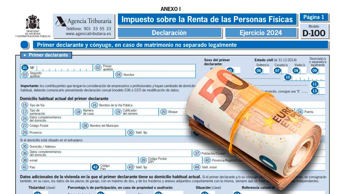 Formulario de la declaración de la Renta española modelo D‑100 2024 con un billete de 50 € enrollado, símbolo de la devolución de Hacienda