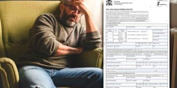 Trabajador con problemas mentales revisa el formulario oficial de incapacidad permanente de la Seguridad Social por trastorno de salud mental