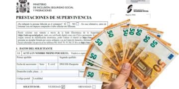 Formulario de prestaciones de supervivencia del INSS para solicitar la pensión de viudedad, junto a mano que sostiene varios billetes de 50 €