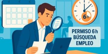 Ilustración de un trabajador revisando ofertas en su portátil, con calendario y reloj, que simboliza el permiso retribuido de 6 h semanales para buscar empleo