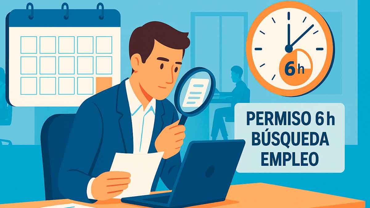 Ilustración de un trabajador revisando ofertas en su portátil, con calendario y reloj, que simboliza el permiso retribuido de 6 h semanales para buscar empleo
