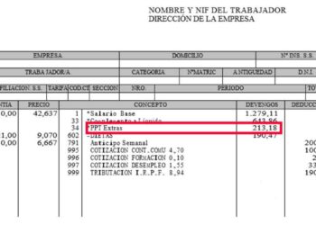 Detalle de una nómina con el prorrateo de pagas extra reflejado como PPT Extras por importe de 213,18 euros
