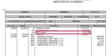 Detalle de una nómina con el prorrateo de pagas extra reflejado como PPT Extras por importe de 213,18 euros