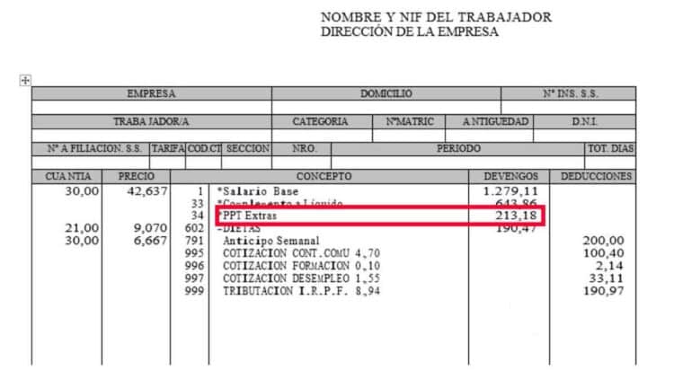 Detalle de una nómina con el prorrateo de pagas extra reflejado como PPT Extras por importe de 213,18 euros