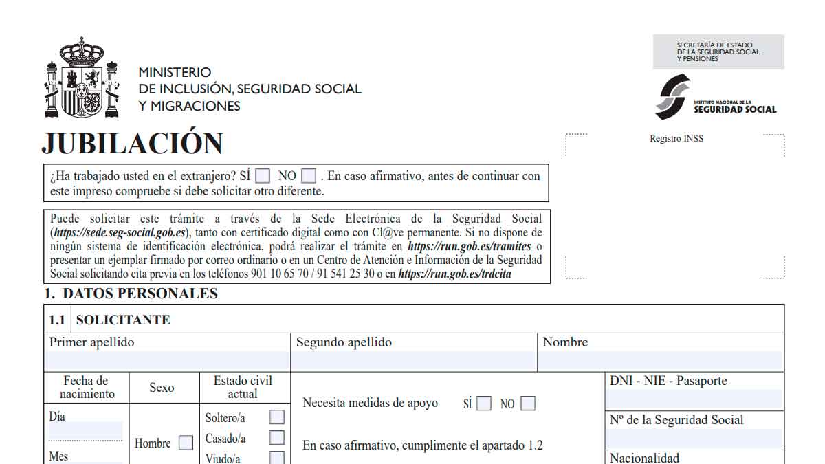 Formulario oficial del Ministerio de Inclusión, Seguridad Social y Migraciones para solicitar la jubilación en España