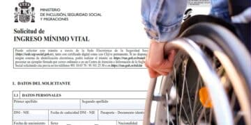 Formulario de solicitud del Ingreso Mínimo Vital junto a persona en silla de ruedas, Seguridad Social 2025
