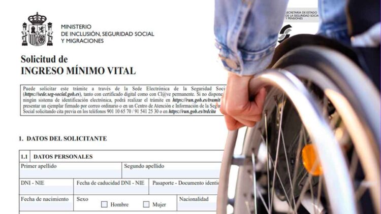 Formulario de solicitud del Ingreso Mínimo Vital junto a persona en silla de ruedas, Seguridad Social 2025