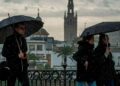 Peatones con paraguas en Sevilla bajo chubascos; la Giralda al fondo, alerta de AEMET en Andalucía