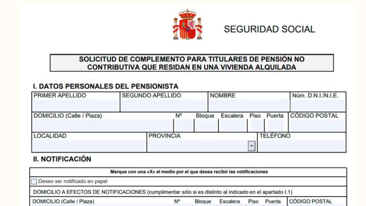 Formulario de solicitud del complemento de 525 € al alquiler para pensionistas con pensión no contributiva