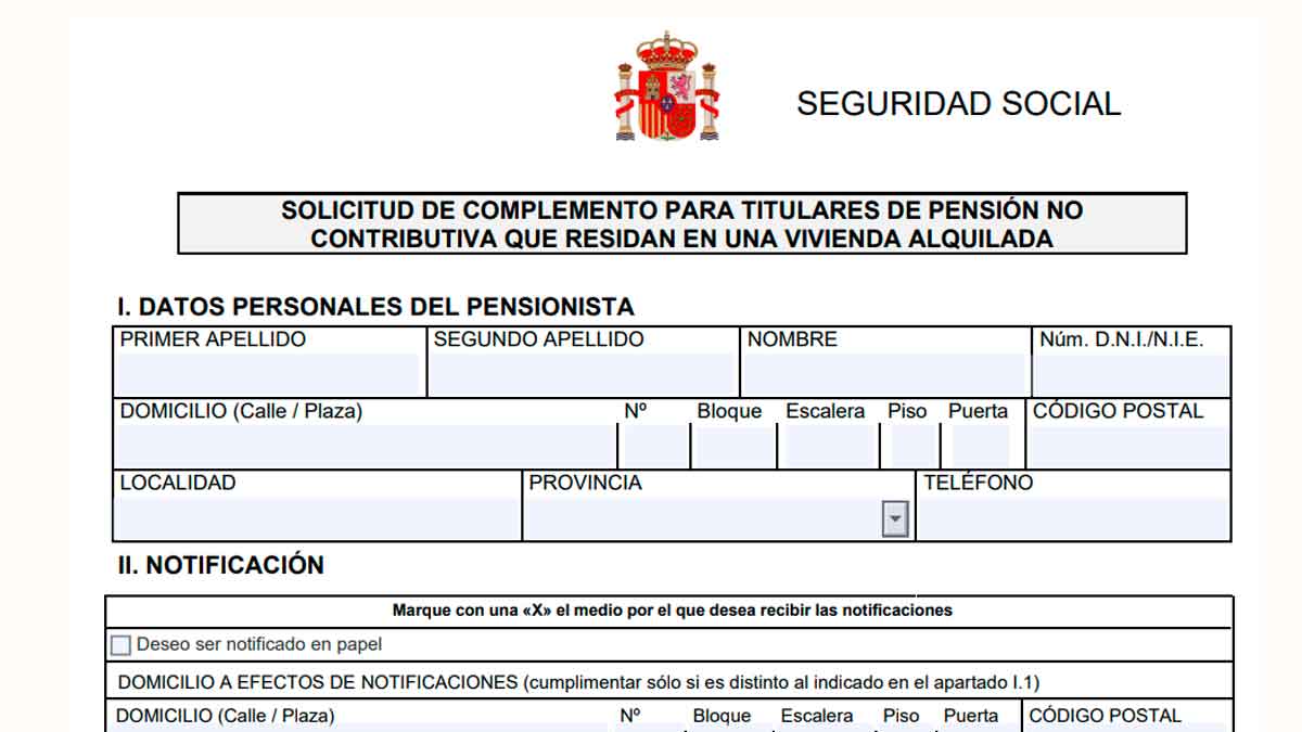 Formulario de solicitud del complemento de 525 € al alquiler para pensionistas con pensión no contributiva