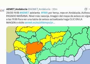 Mapa de la AEMET Andalucía con alerta naranja por calor en Sevilla y avisos amarillos en provincias limítrofes (29/05)