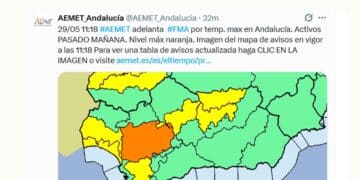 Mapa de la AEMET Andalucía con alerta naranja por calor en Sevilla y avisos amarillos en provincias limítrofes (29/05)