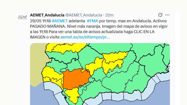 Mapa de la AEMET Andalucía con alerta naranja por calor en Sevilla y avisos amarillos en provincias limítrofes (29/05)