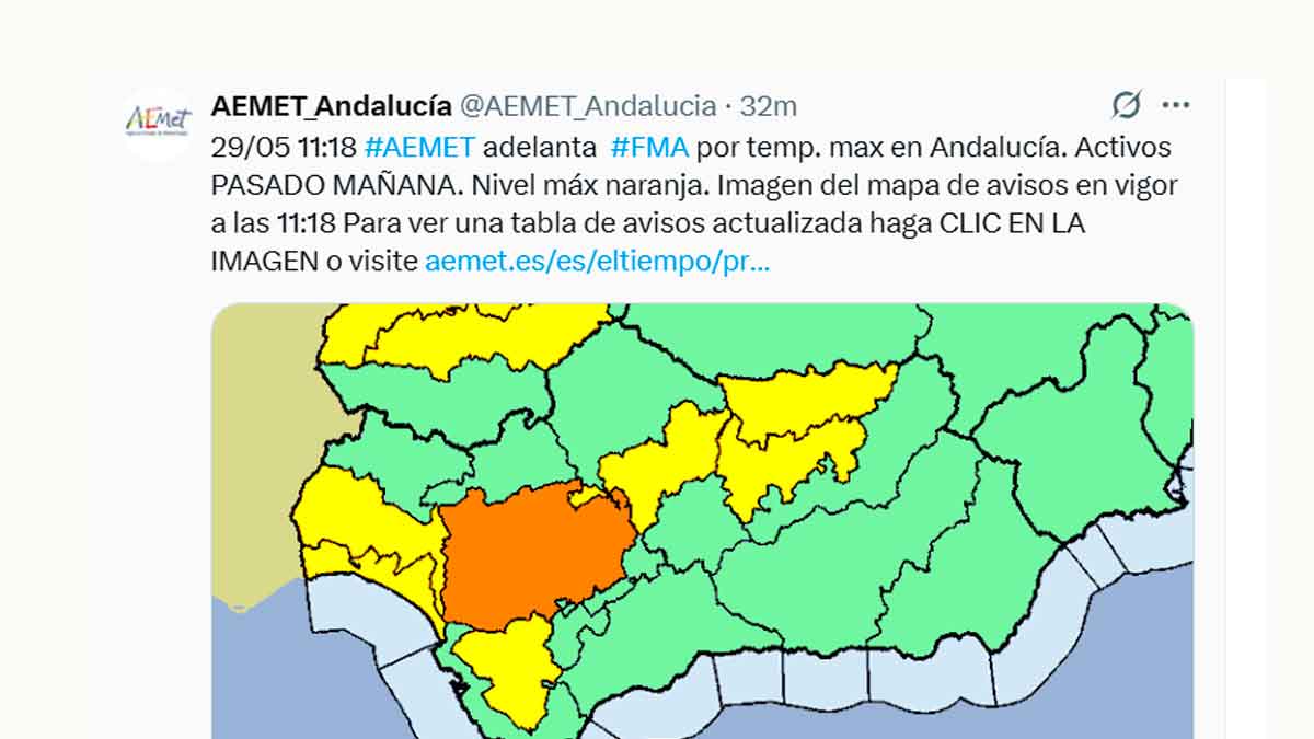 Mapa de la AEMET Andalucía con alerta naranja por calor en Sevilla y avisos amarillos en provincias limítrofes (29/05)