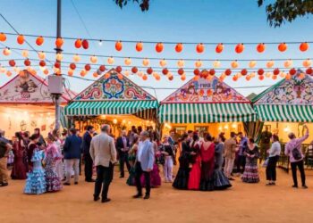 Casetas públicas de la Feria de Abril de Sevilla 2025 iluminadas al atardecer, con visitantes vestidos de flamenca disfrutando del ambiente