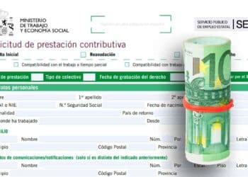 Solicitud de prestación contributiva del SEPE junto a un billete de 10 € enrollado, símbolo de compatibilidad paro-sueldo hasta 1.350 €