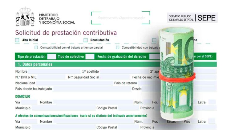 Solicitud de prestación contributiva del SEPE junto a un billete de 10 € enrollado, símbolo de compatibilidad paro-sueldo hasta 1.350 €