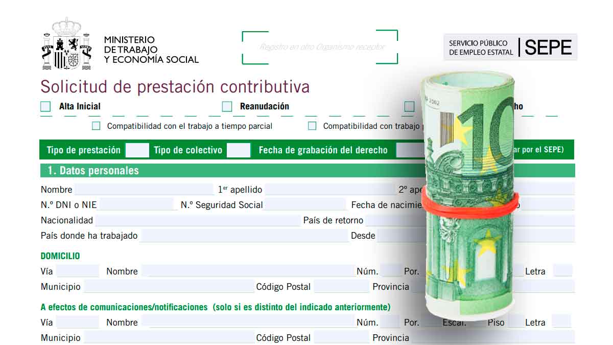 Solicitud de prestación contributiva del SEPE junto a un billete de 10 € enrollado, símbolo de compatibilidad paro-sueldo hasta 1.350 €