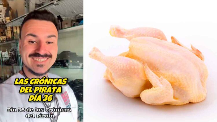 Cocinero influencer sonriente junto a un pollo entero crudo, truco para ahorrar más del 50 % frente a la pechuga fileteada