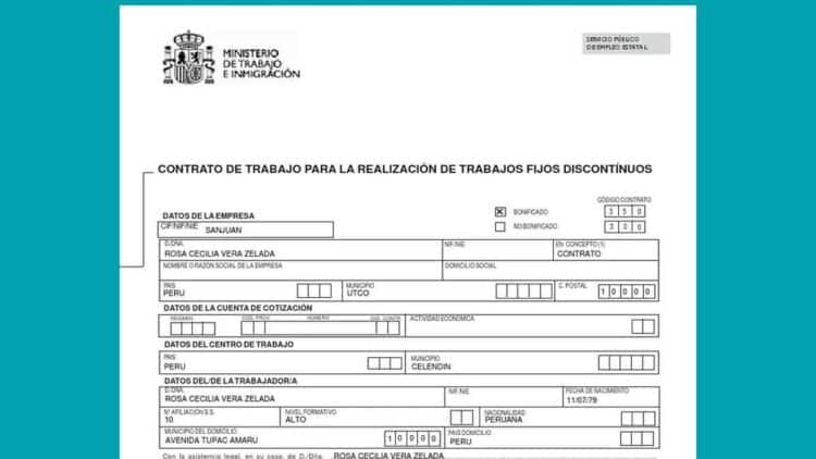 Formulario oficial del Ministerio de Trabajo para contrato fijo discontinuo código 300, ejemplo de documento laboral en España