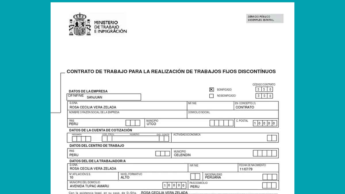 Formulario oficial del Ministerio de Trabajo para contrato fijo discontinuo código 300, ejemplo de documento laboral en España
