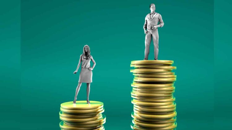 Ilustración de la brecha salarial en España 2025: mujer sobre una pila de monedas más baja y hombre sobre otra más alta, reflejando precariedad y desigualdad de género en el empleo