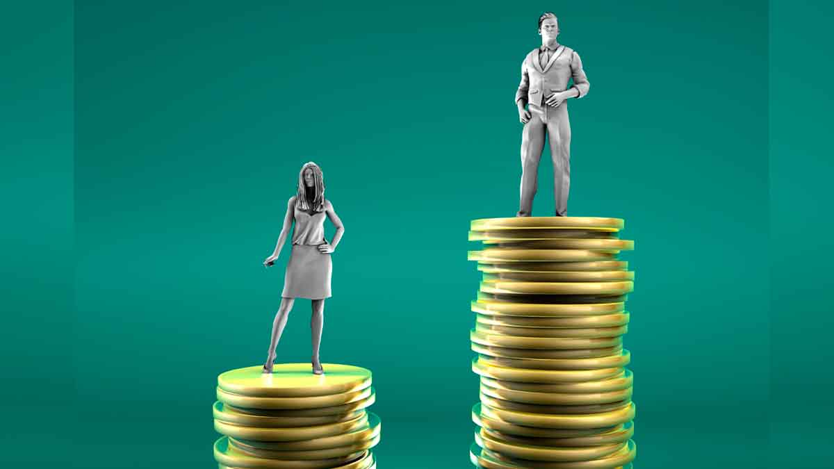 Ilustración de la brecha salarial en España 2025: mujer sobre una pila de monedas más baja y hombre sobre otra más alta, reflejando precariedad y desigualdad de género en el empleo