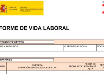 Cabecera del informe de vida laboral de la Seguridad Social española, documento donde comprobar y rectificar días cotizados