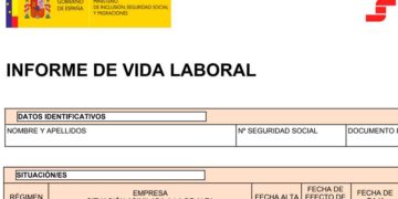 Cabecera del informe de vida laboral de la Seguridad Social española, documento donde comprobar y rectificar días cotizados