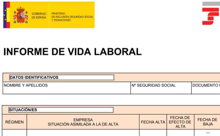 Cabecera del informe de vida laboral de la Seguridad Social española, documento donde comprobar y rectificar días cotizados