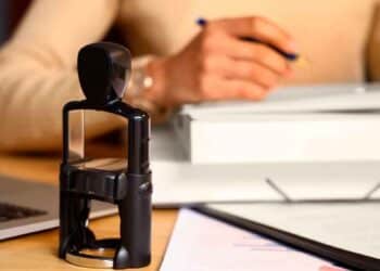 Sello notarial sobre escritorio, documentos y heredera firmando para desbloquear una herencia bloqueada