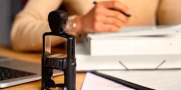 Sello notarial sobre escritorio, documentos y heredera firmando para desbloquear una herencia bloqueada