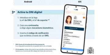 Activar el nuevo DNI digital con la app MiDNI: introduce número y soporte del DNI, crea contraseña y verifica por SMS.