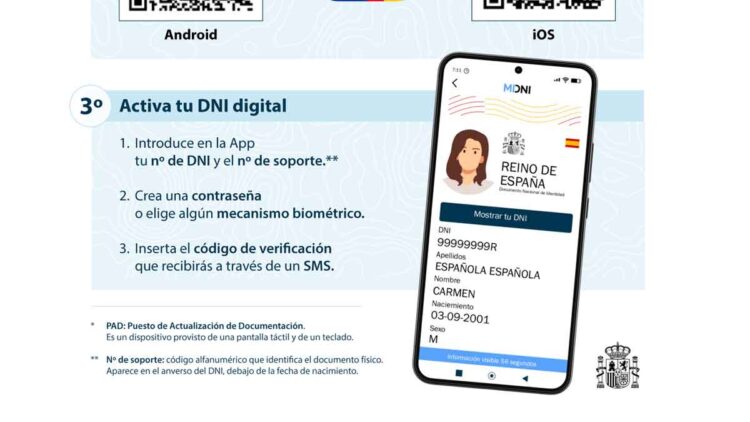 Activar el nuevo DNI digital con la app MiDNI: introduce número y soporte del DNI, crea contraseña y verifica por SMS.