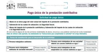 Formulario oficial del SEPE para solicitar el pago único del paro y emprender como autónomo o socio de cooperativa