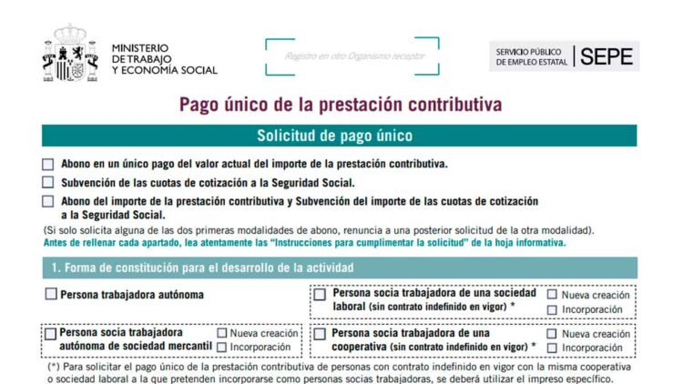 Formulario oficial del SEPE para solicitar el pago único del paro y emprender como autónomo o socio de cooperativa