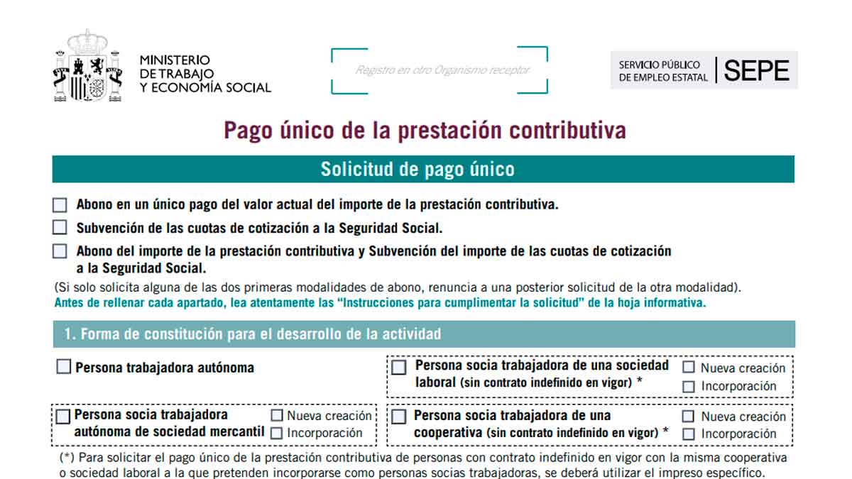 Formulario oficial del SEPE para solicitar el pago único del paro y emprender como autónomo o socio de cooperativa