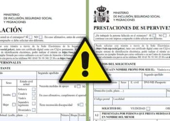 Formularios oficiales de la Seguridad Social para pensión de jubilación y viudedad separados por una señal de advertencia sobre incompatibilidades